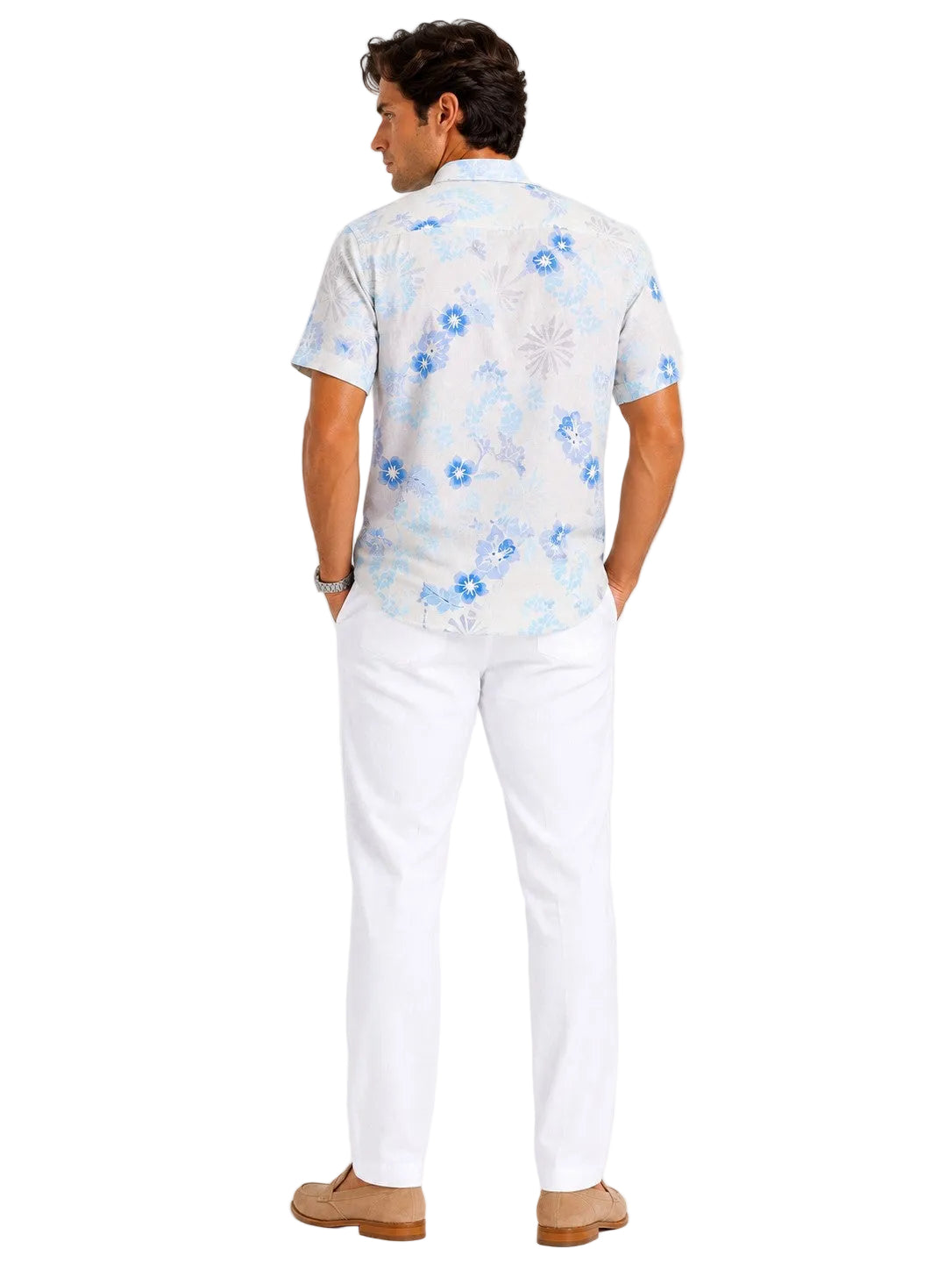 BOHIO Coastal Linen Collection Men's Linen Lyocell Tropical Print Resort Shirt | 55% Linen 45% Lyocell - MLSP3924