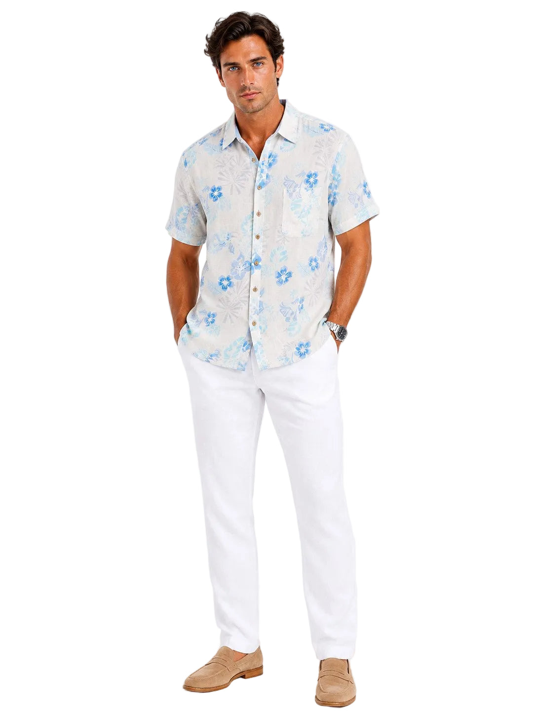 BOHIO Coastal Linen Collection Men's Linen Lyocell Tropical Print Resort Shirt | 55% Linen 45% Lyocell - MLSP3924