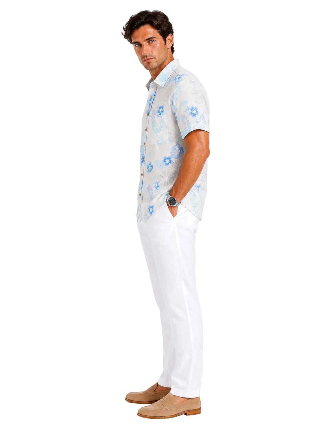 BOHIO Coastal Linen Collection Men's Linen Lyocell Tropical Print Resort Shirt | 55% Linen 45% Lyocell - MLSP3924