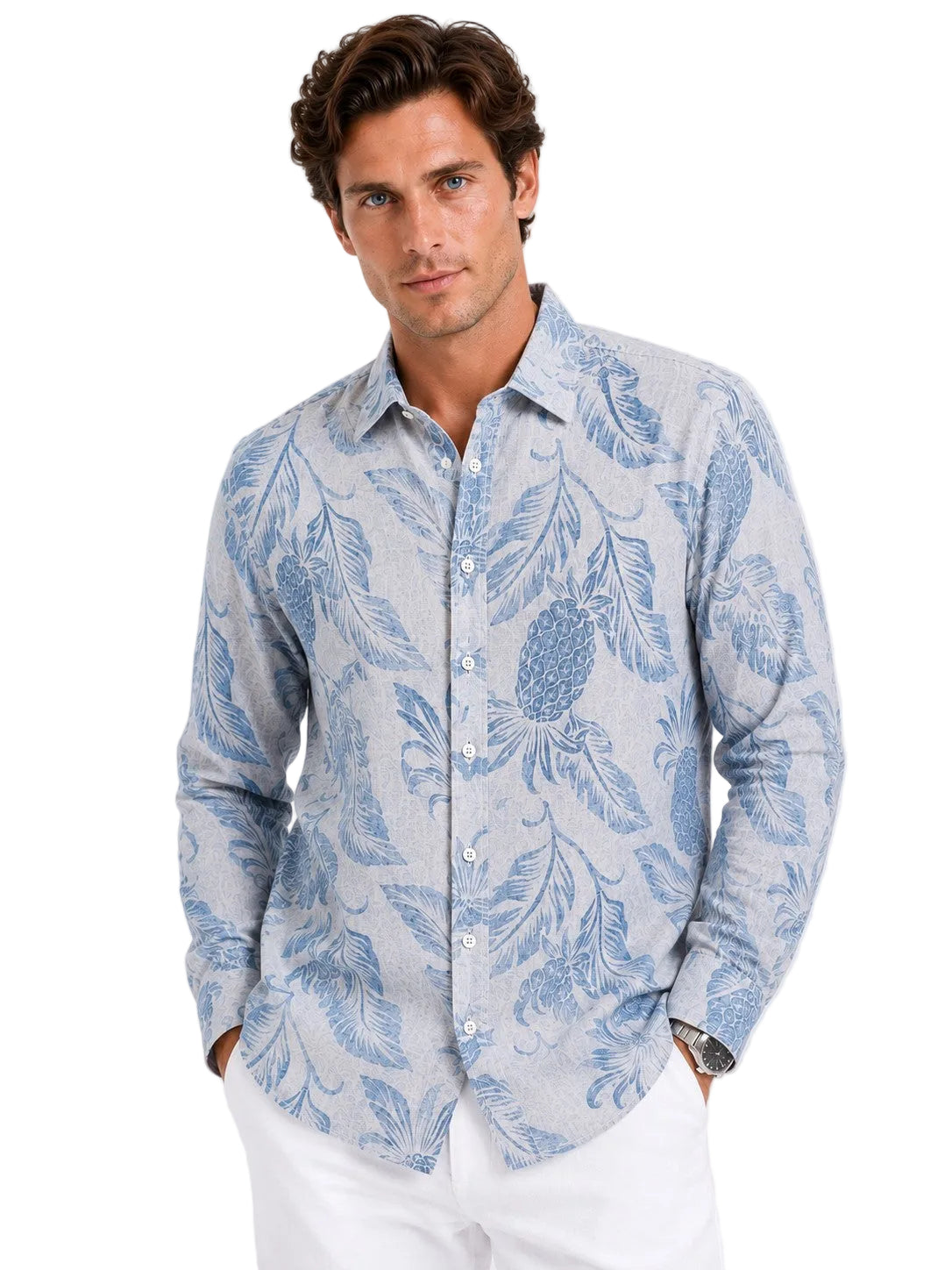 BOHIO Coastal Linen Collection Men's Linen Lyocell Tropical Print Shirt | 55% Linen 45% Lyocell -MLSP3925