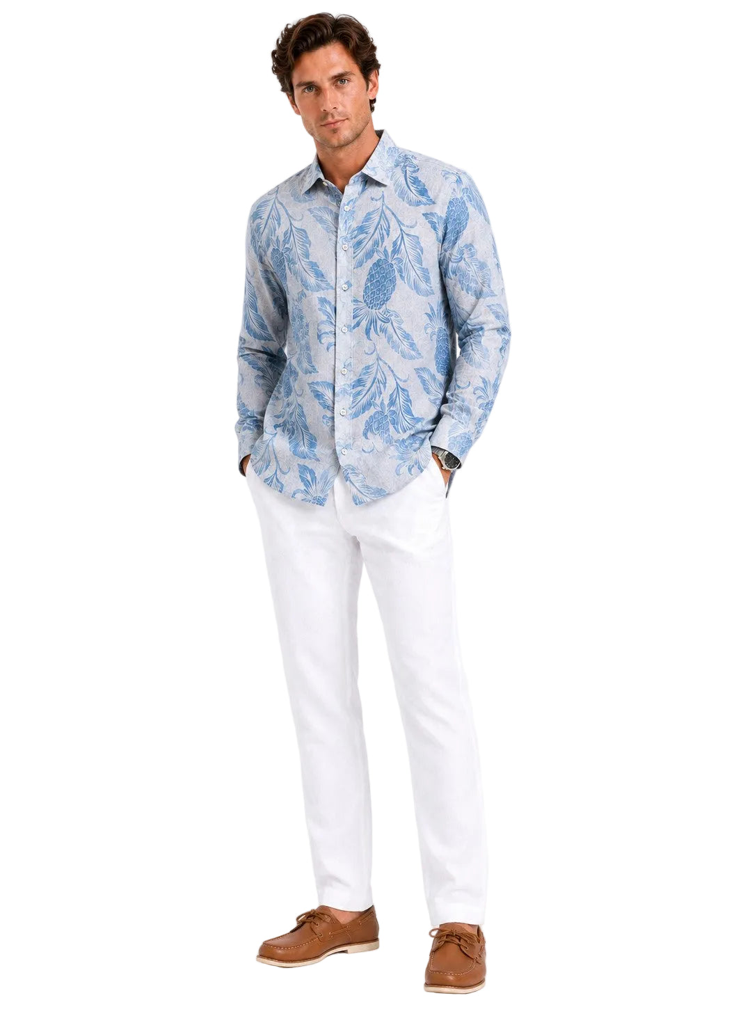 BOHIO Coastal Linen Collection Men's Linen Lyocell Tropical Print Shirt | 55% Linen 45% Lyocell -MLSP3925