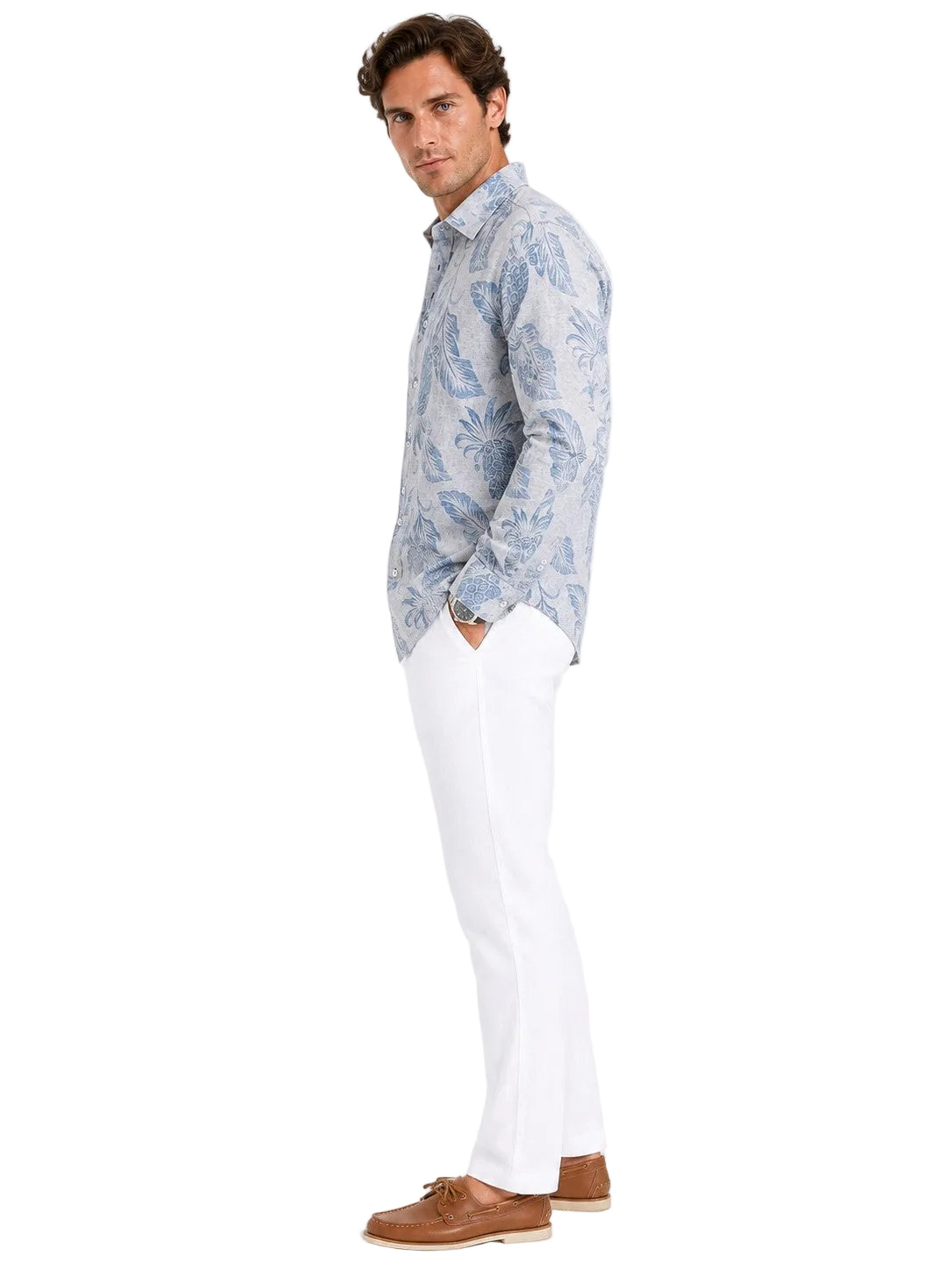 BOHIO Coastal Linen Collection Men's Linen Lyocell Tropical Print Shirt | 55% Linen 45% Lyocell -MLSP3925