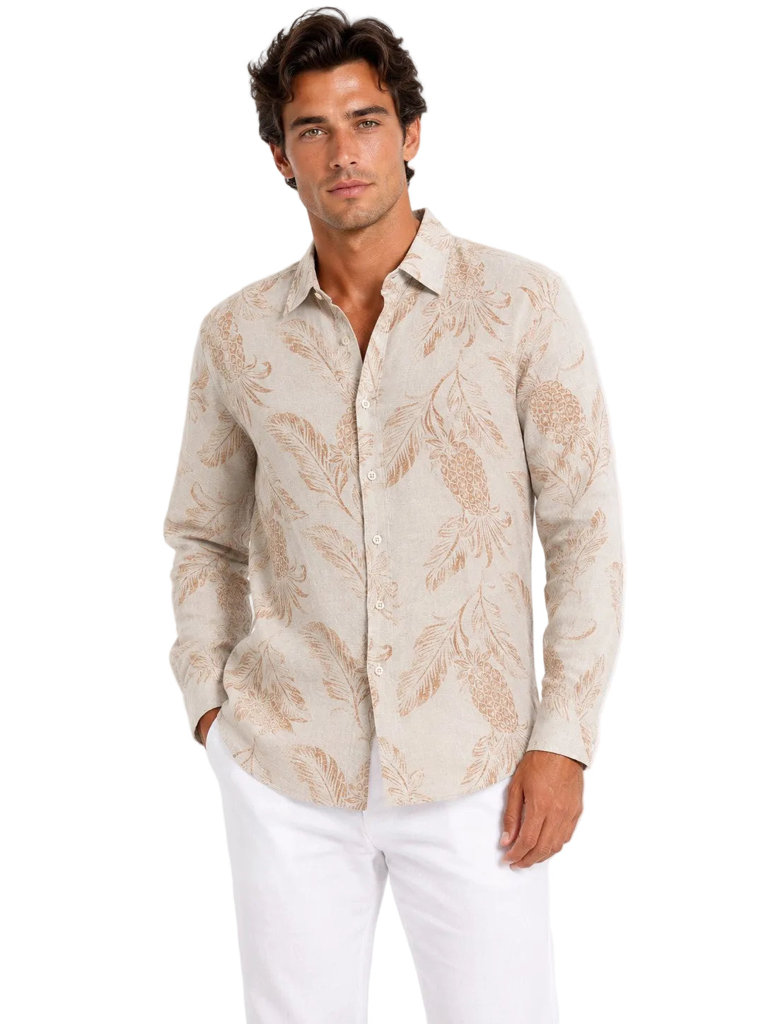 BOHIO Coastal Linen Collection Men's Linen Lyocell Tropical Print Shirt | 55% Linen 45% Lyocell -MLSP3925
