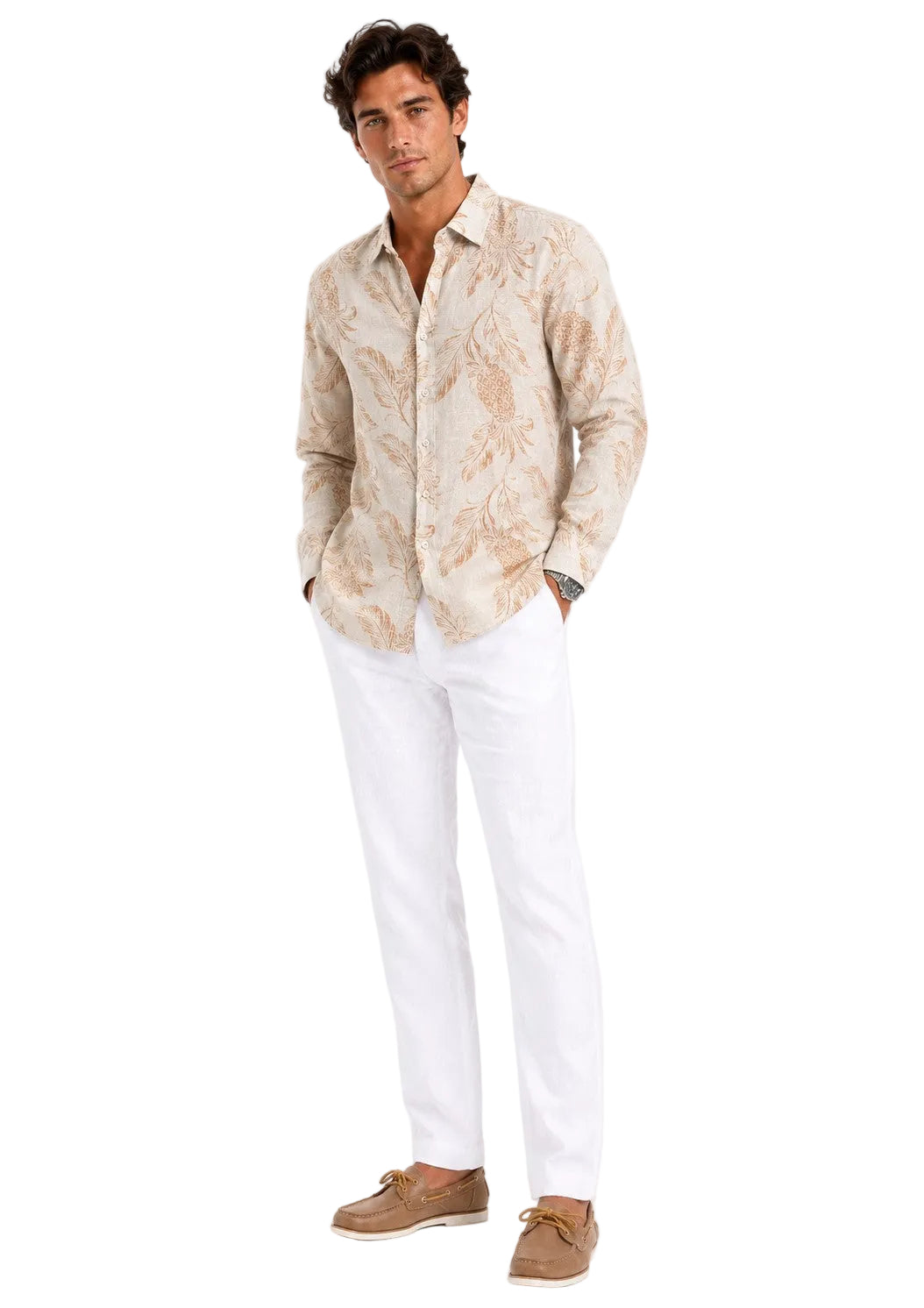 BOHIO Coastal Linen Collection Men's Linen Lyocell Tropical Print Shirt | 55% Linen 45% Lyocell -MLSP3925