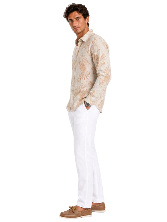 BOHIO Coastal Linen Collection Men's Linen Lyocell Tropical Print Shirt | 55% Linen 45% Lyocell -MLSP3925
