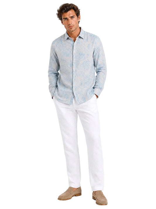 BOHIO Coastal Linen Collection Men's Linen Lyocell Botanical Print Shirt | 55% Linen 45% Lyocell - MLSP3926