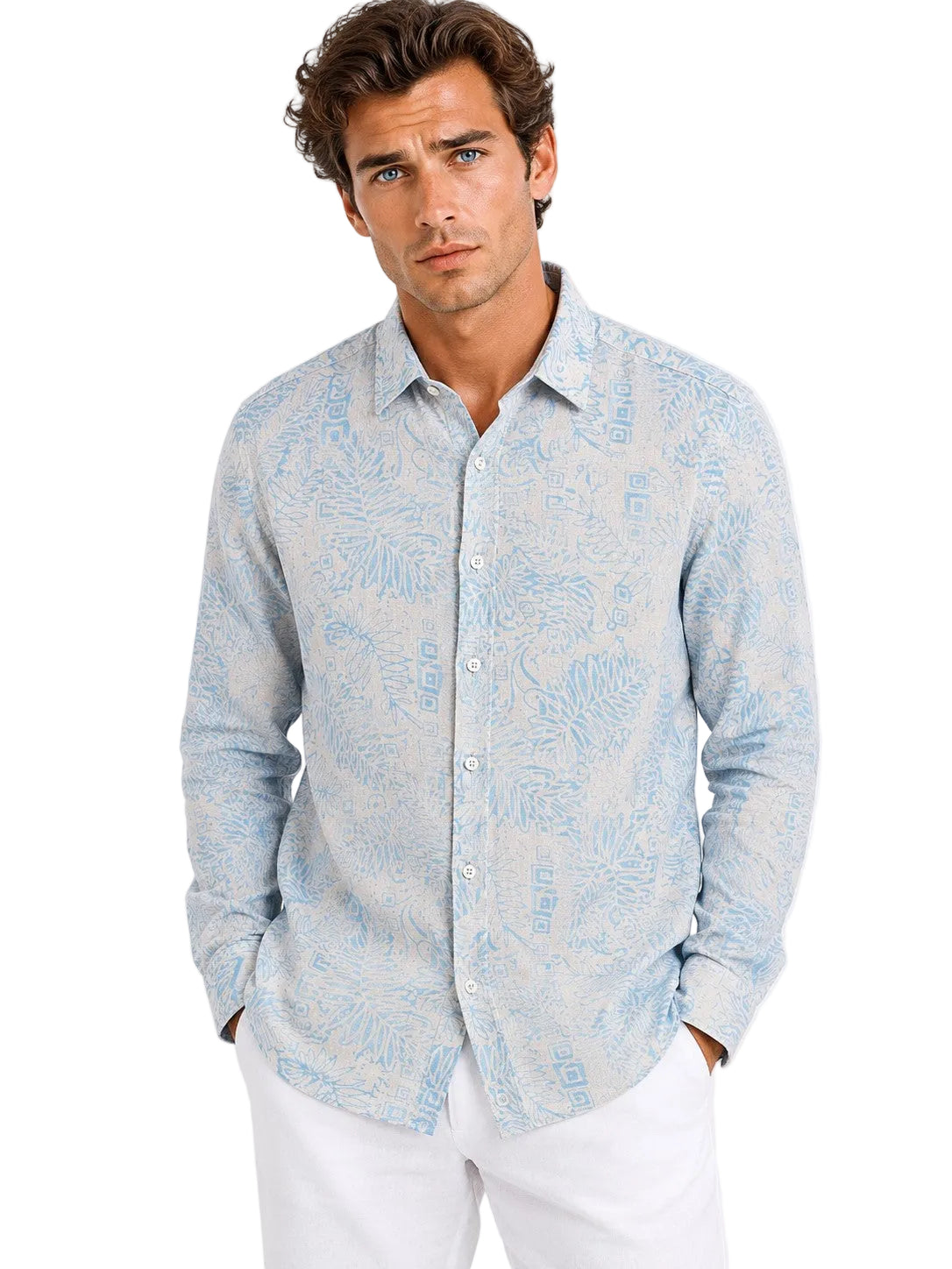 BOHIO Coastal Linen Collection Men's Linen Lyocell Botanical Print Shirt | 55% Linen 45% Lyocell - MLSP3926