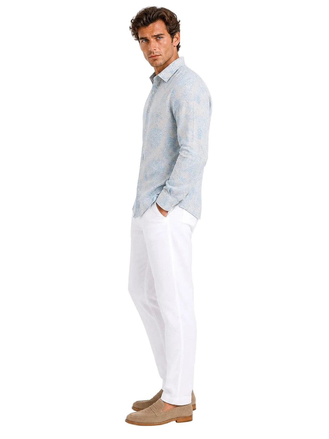 BOHIO Coastal Linen Collection Men's Linen Lyocell Botanical Print Shirt | 55% Linen 45% Lyocell - MLSP3926