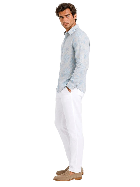 BOHIO Coastal Linen Collection Men's Linen Lyocell Botanical Print Shirt | 55% Linen 45% Lyocell - MLSP3926