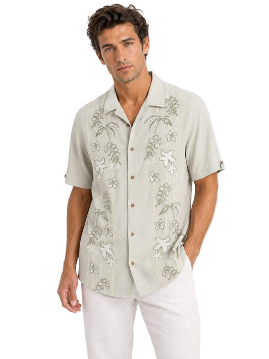 BOHIO Coastal Linen Collection Men's Linen Lyocell Embroidered Tropical Resort Shirt | 55% Linen 45% Lyocell - MLSP3927