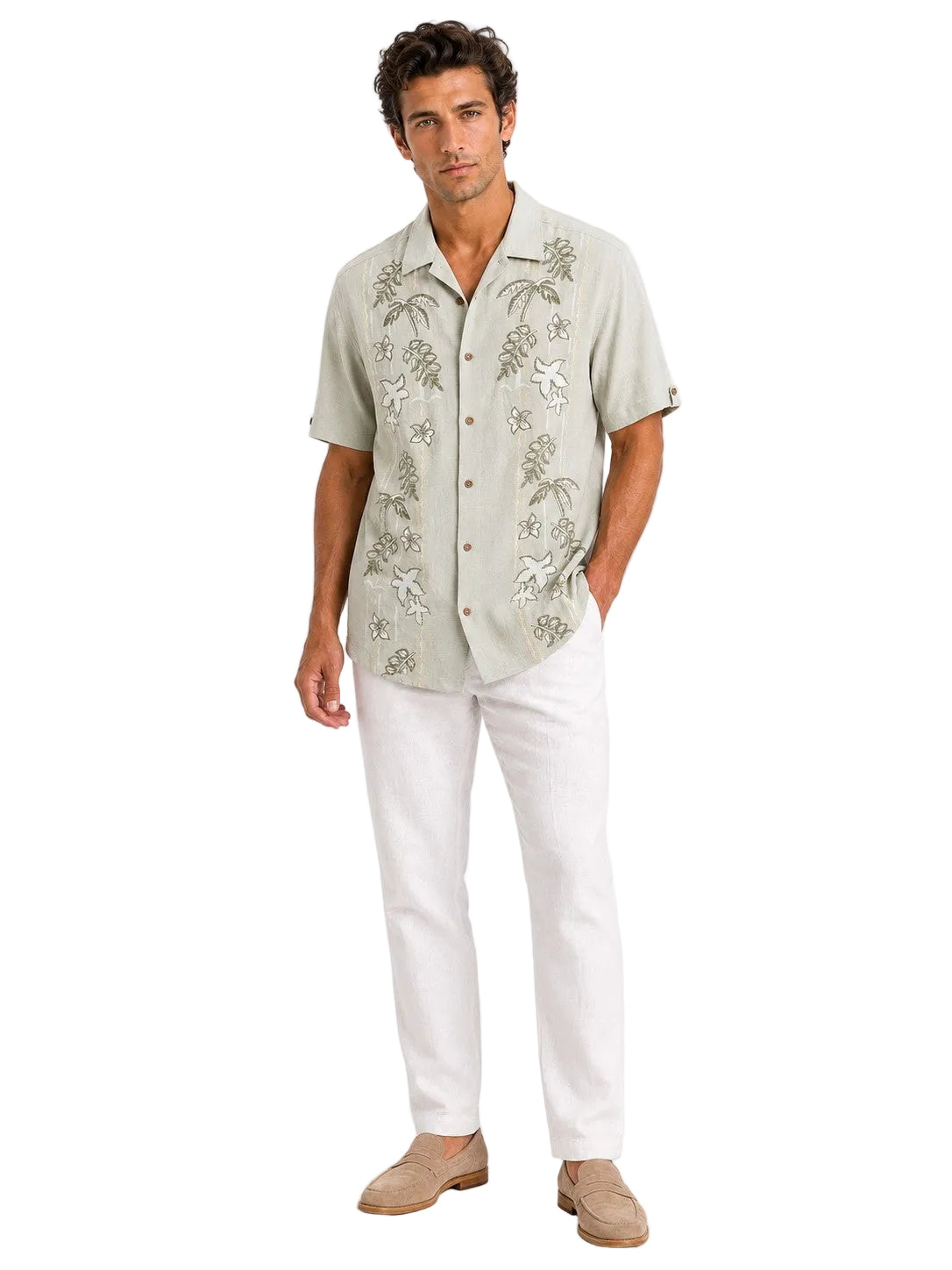 BOHIO Coastal Linen Collection Men's Linen Lyocell Embroidered Tropical Resort Shirt | 55% Linen 45% Lyocell - MLSP3927