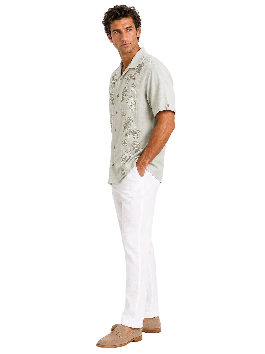 BOHIO Coastal Linen Collection Men's Linen Lyocell Embroidered Tropical Resort Shirt | 55% Linen 45% Lyocell - MLSP3927