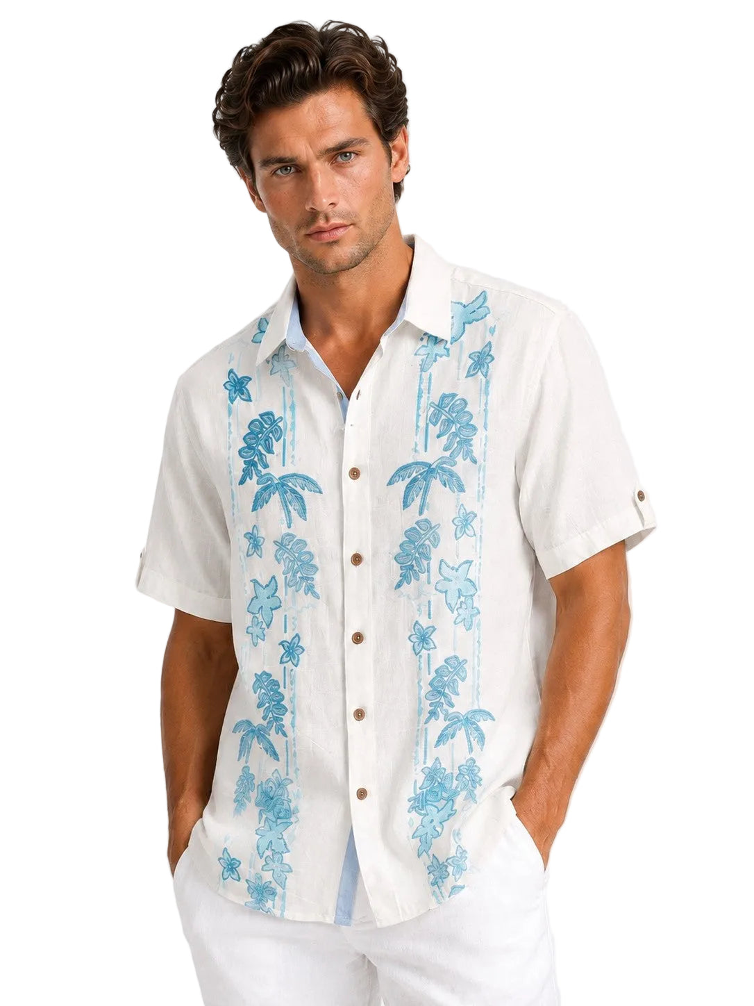 BOHIO Coastal Linen Collection Men's Linen Lyocell Embroidered Tropical Resort Shirt | 55% Linen 45% Lyocell - MLSP3927