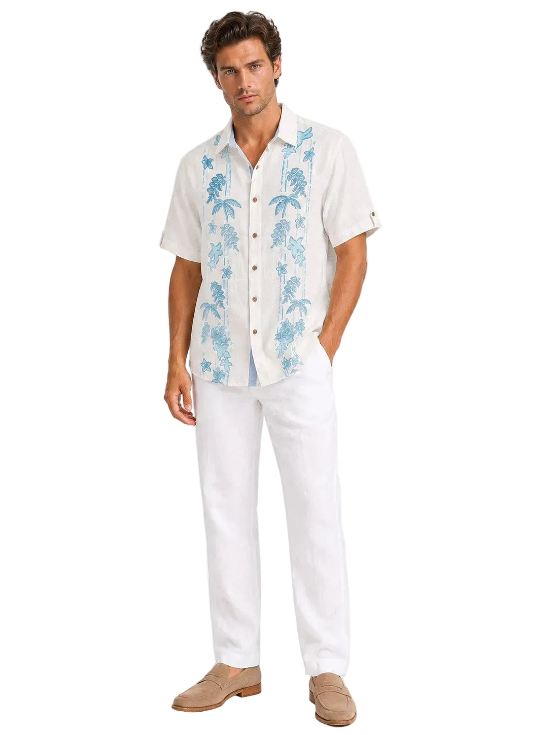 BOHIO Coastal Linen Collection Men's Linen Lyocell Embroidered Tropical Resort Shirt | 55% Linen 45% Lyocell - MLSP3927