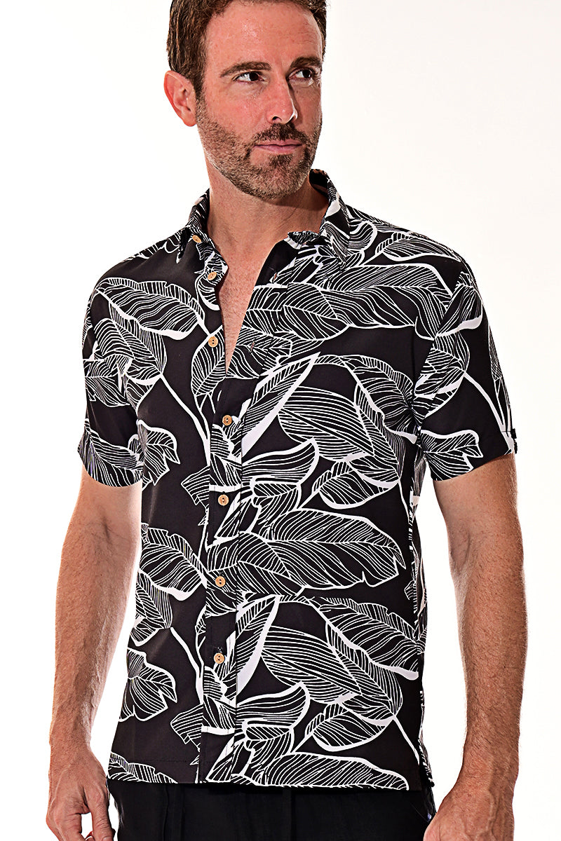 Bohio Men's Rayon Short Sleeve Button Down Tropical Hibiscus Print Shirt - MRS101 - Casual Tropical Wear