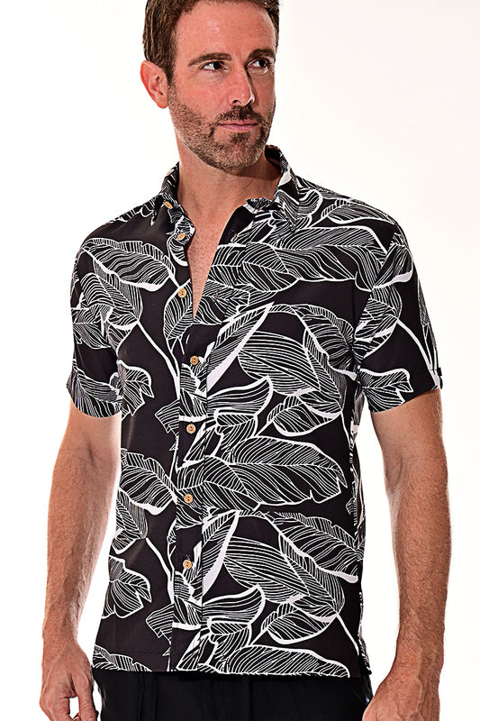 Bohio Men's Rayon Short Sleeve Button Down Tropical Hibiscus Print Shirt - MRS101 - Casual Tropical Wear