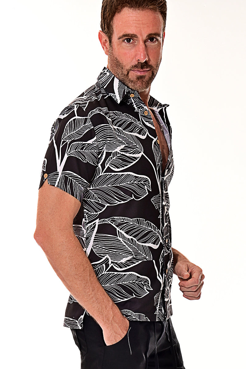 Bohio Men's Rayon Short Sleeve Button Down Tropical Hibiscus Print Shirt - MRS101 - Casual Tropical Wear