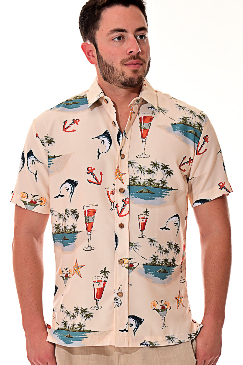Bohio Men's Rayon Short Sleeve Button Down Tropical Print Shirt - MRS102 - Casual Tropical Wear