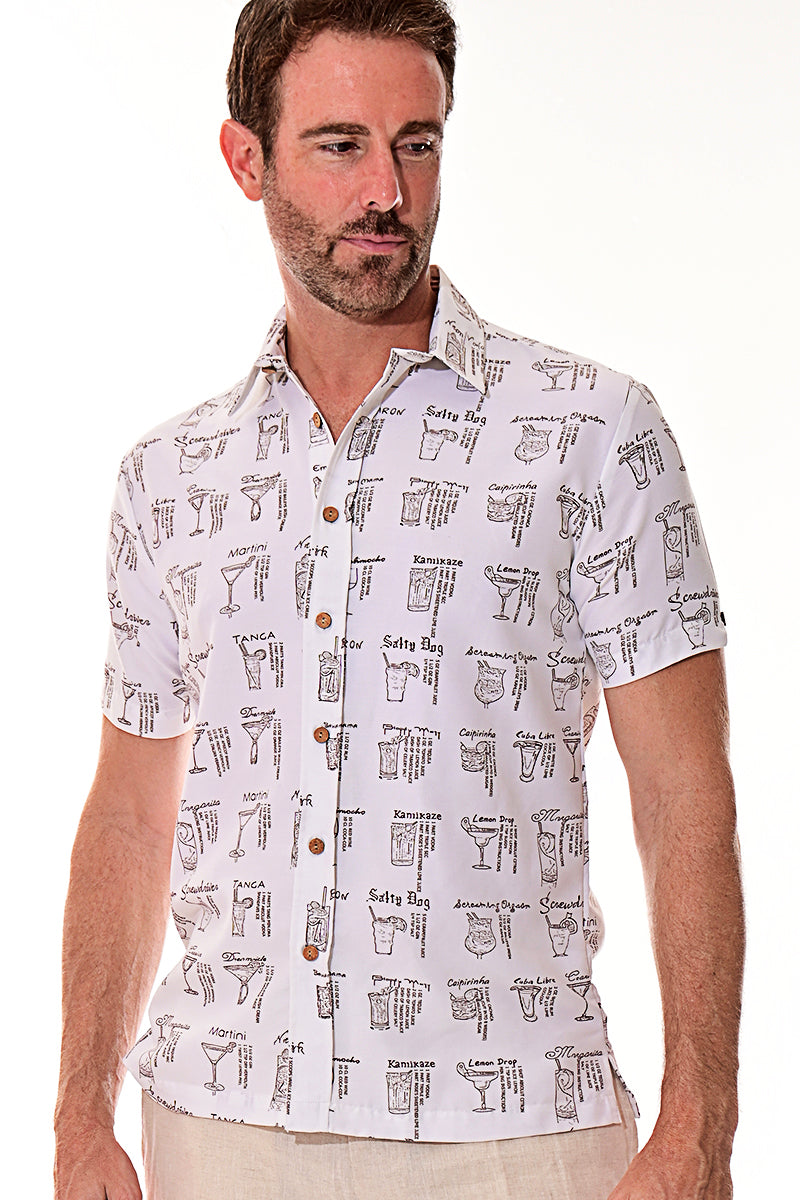 Bohio Men's Rayon Short Sleeve Button Down Tropical Cocktails Print Shirt MRS103 - Casual Tropical Wear