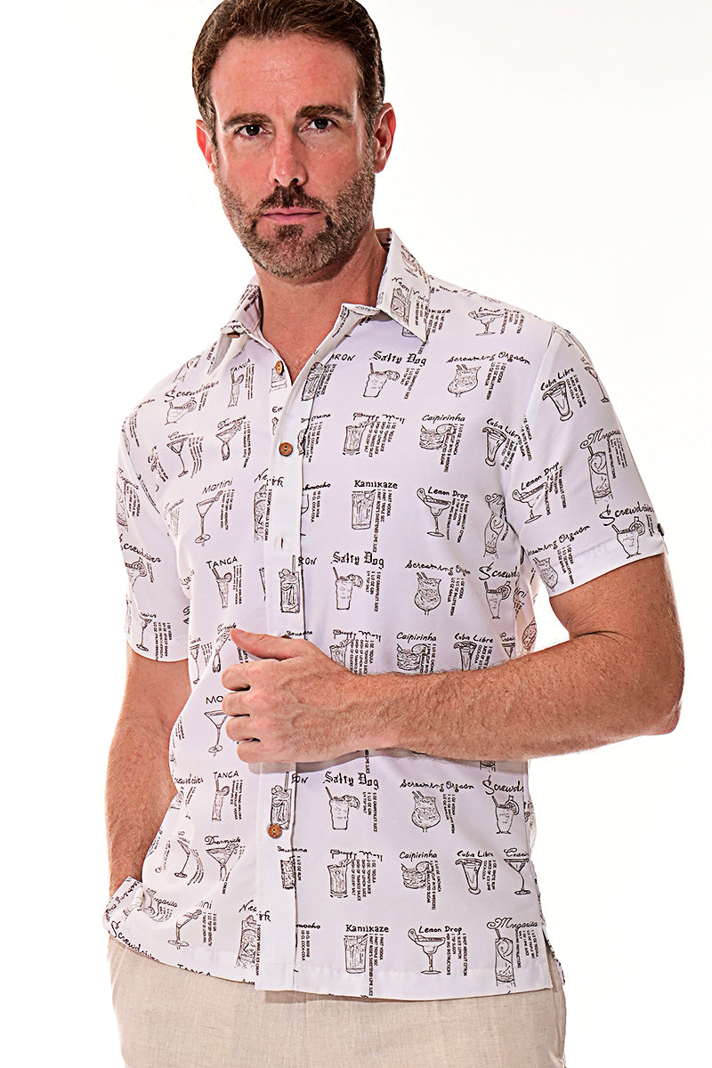 Bohio Men's Rayon Short Sleeve Button Down Tropical Cocktails Print Shirt MRS103 - Casual Tropical Wear