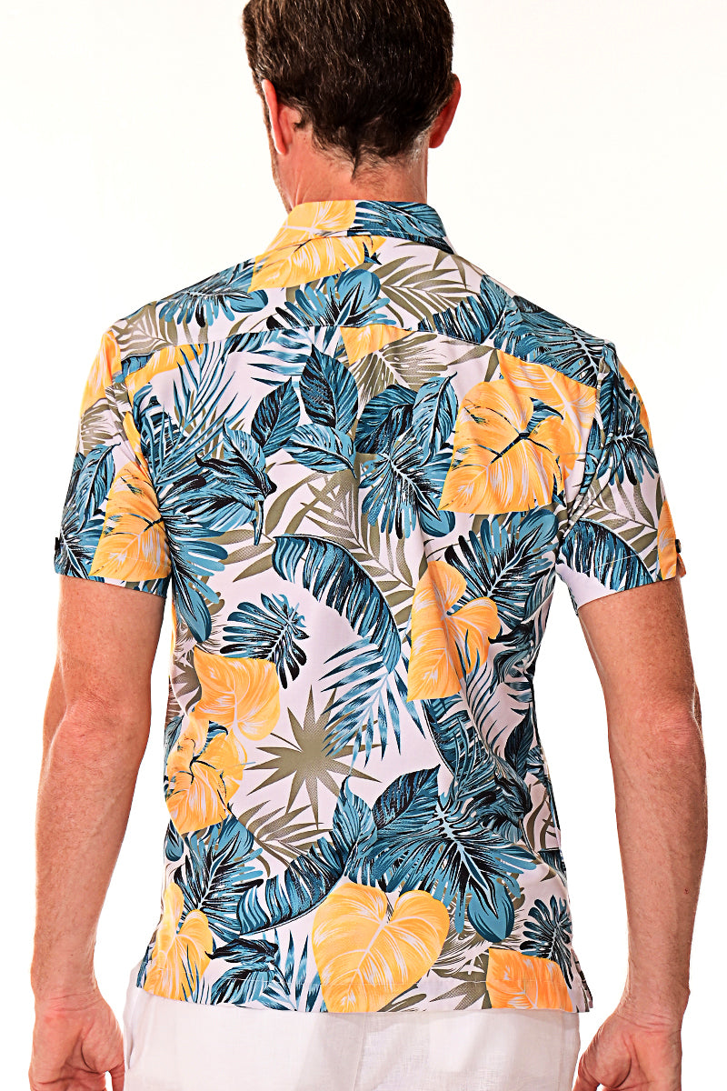 Bohio Men's Rayon Short Sleeve Button Down Tropical Print Palms Shirt - MRS104 - Casual Tropical Wear