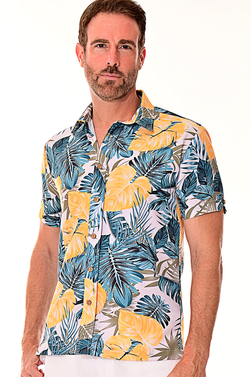 Bohio Men's Rayon Short Sleeve Button Down Tropical Print Palms Shirt - MRS104 - Casual Tropical Wear