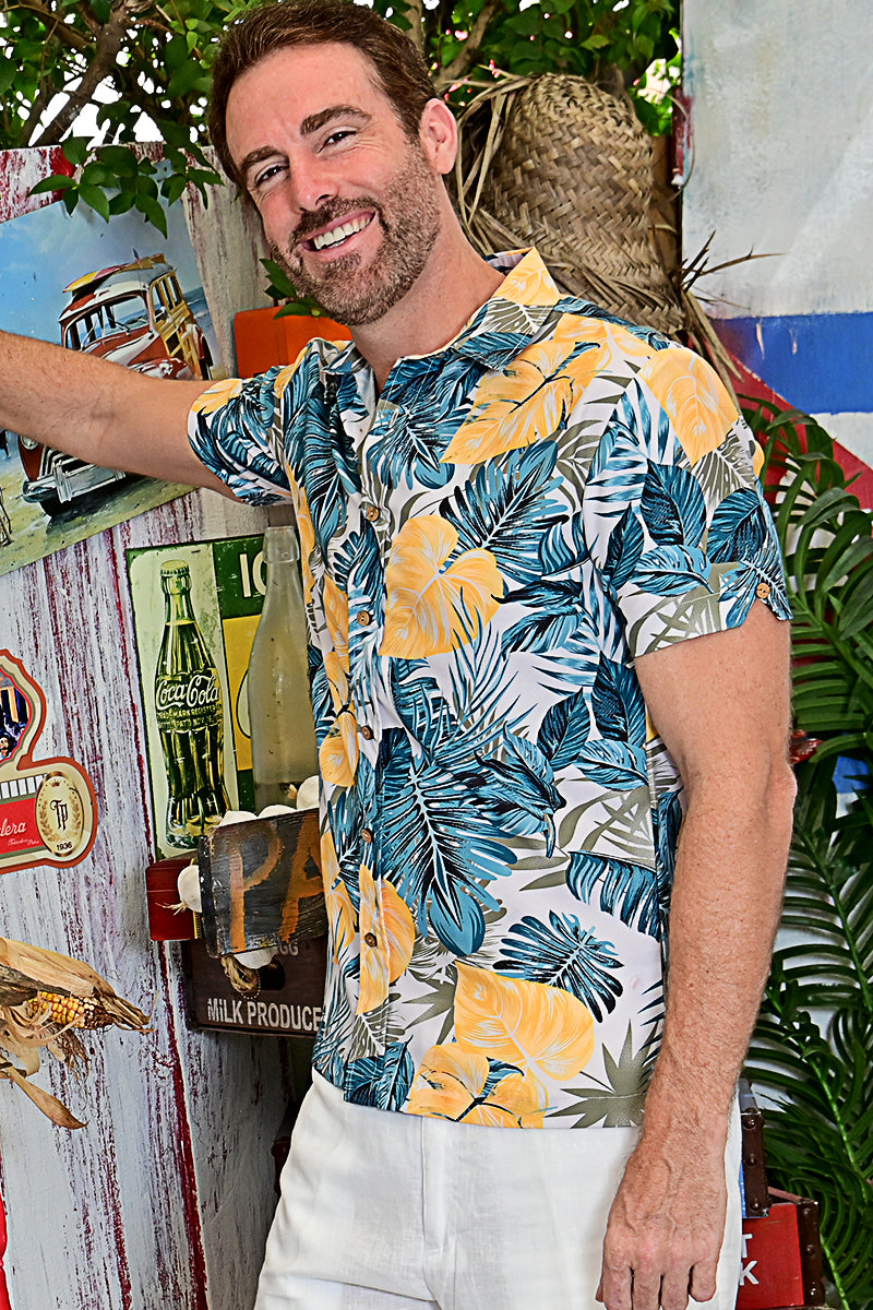 Bohio Men's Rayon Short Sleeve Button Down Tropical Print Palms Shirt - MRS104 - Casual Tropical Wear