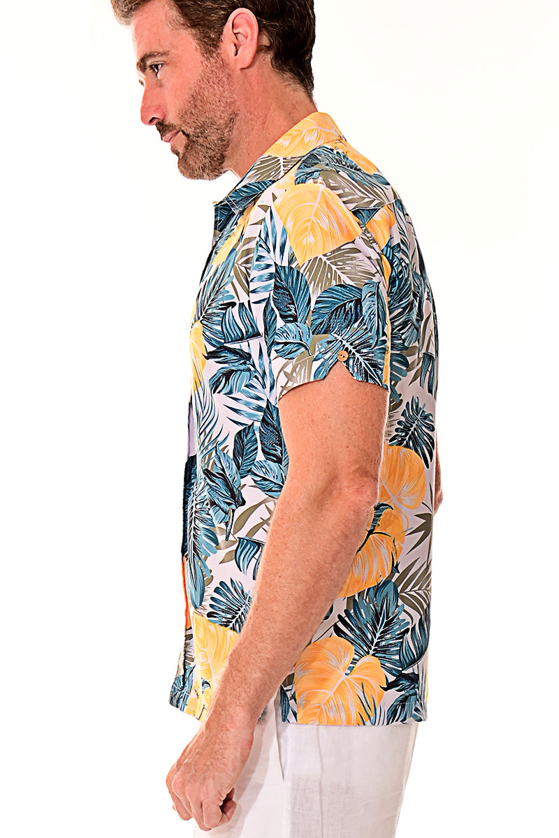 Bohio Men's Rayon Short Sleeve Button Down Tropical Print Palms Shirt - MRS104 - Casual Tropical Wear