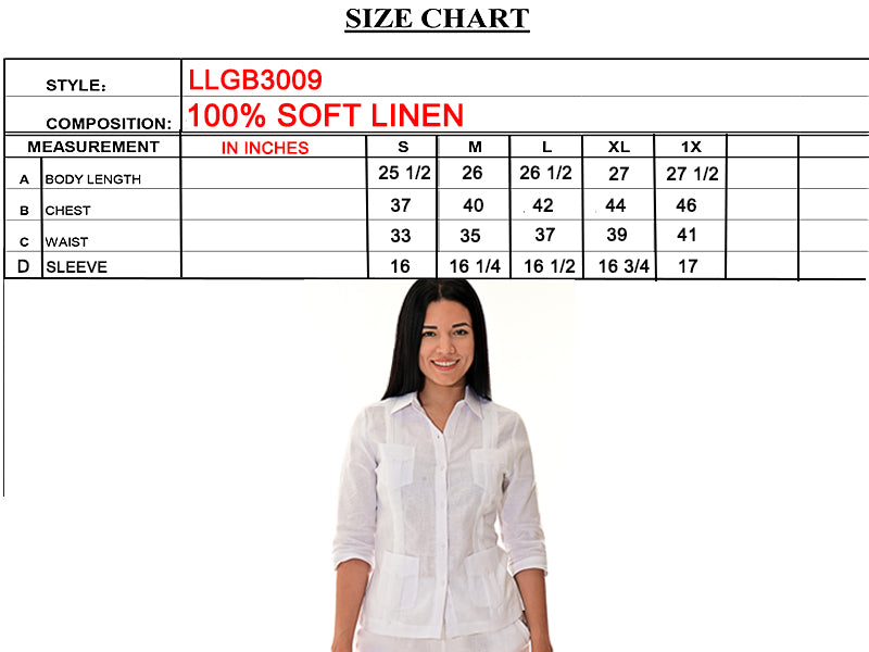 Ladies 100% Soft Linen Traditional (4) Pocket 3/4 Sleeve Guayabera Blouse in (5) Colors - LLGB3009 - Casual Tropical Wear