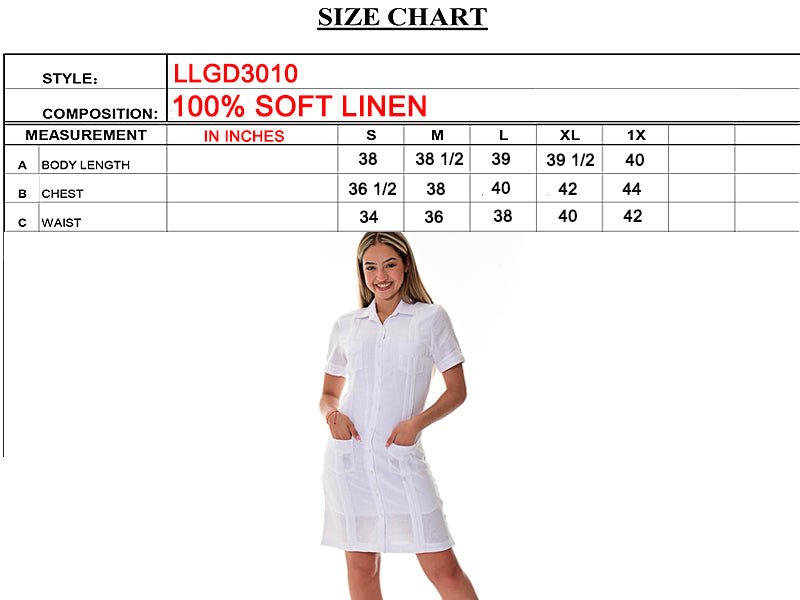 Ladies 100% Soft Linen Traditional (4) Pocket Guayabera Dress in (5) Colors - LLGD3010 - Casual Tropical Wear