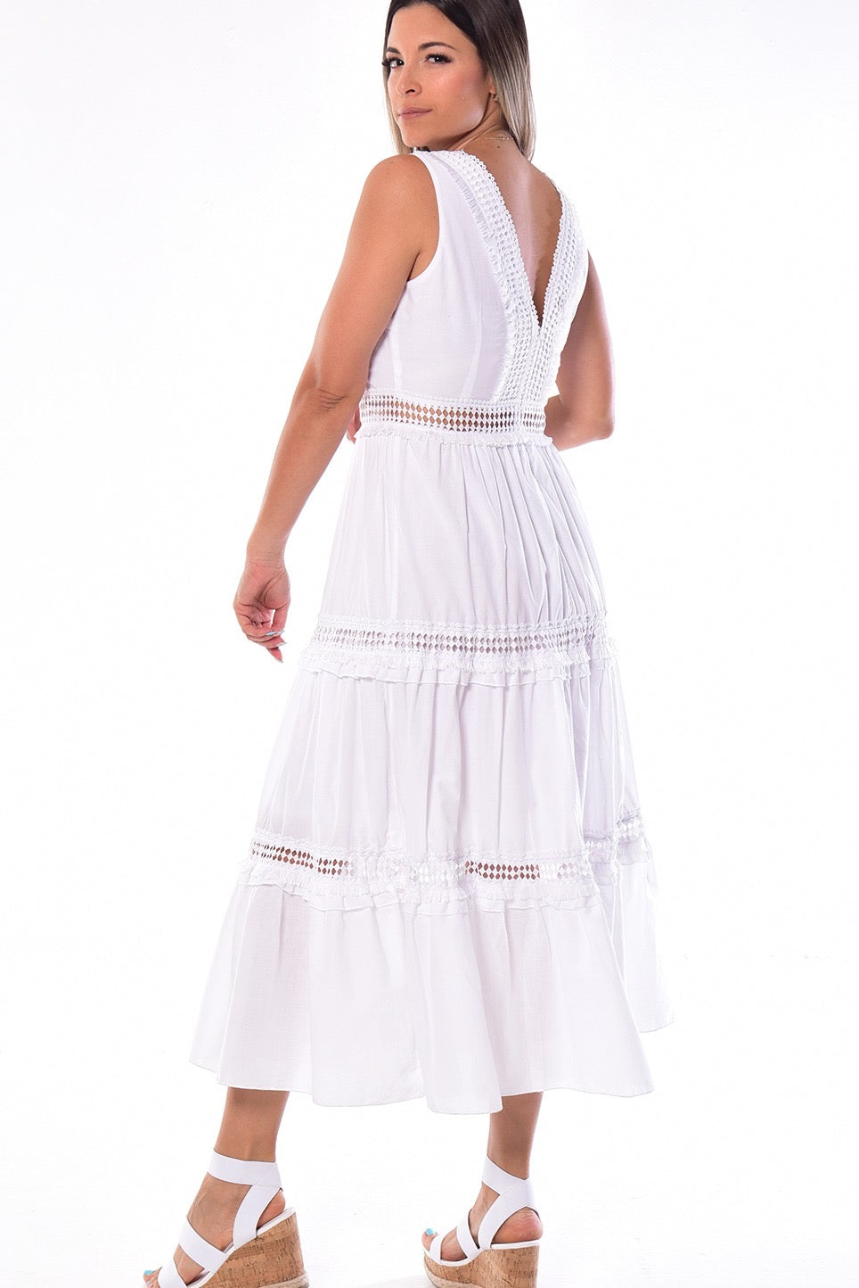 White Tiered Midi Dress with Crochet Waist Detail- LRPD950 - Casual Tropical Wear