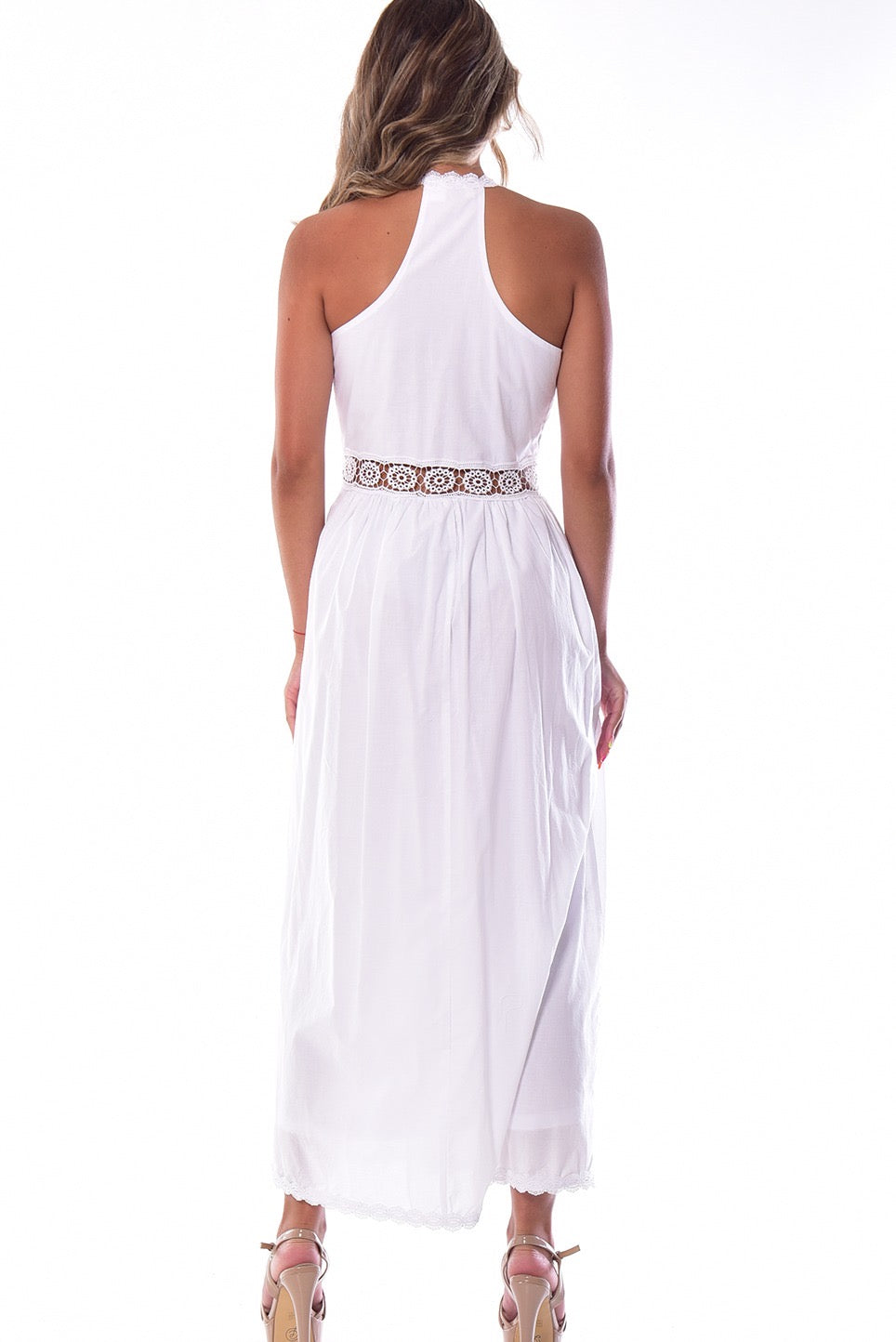 White Crochet Detail Halter Maxi Dress – Elegant Summer Resort Style -LRPD1579 - Casual Tropical Wear