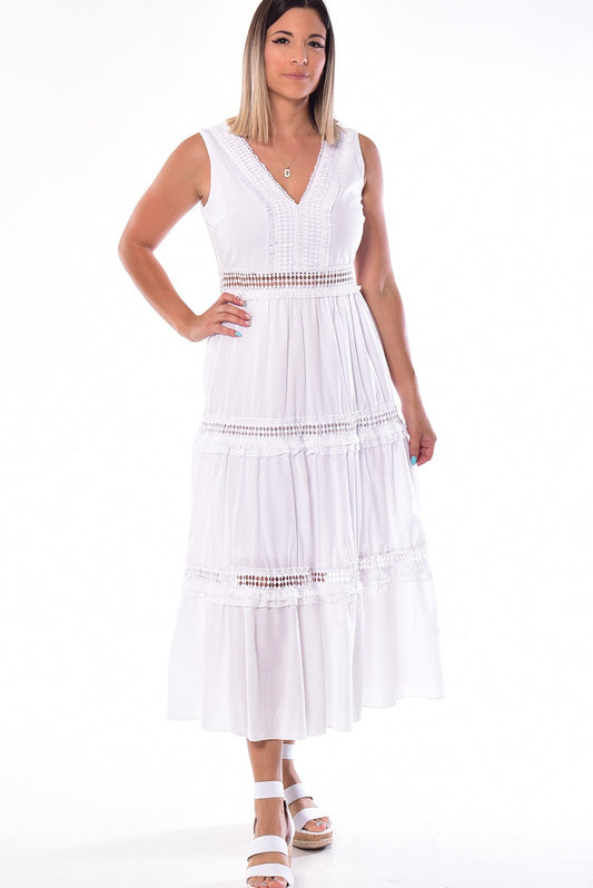 White Tiered Midi Dress with Crochet Waist Detail- LRPD950 - Casual Tropical Wear