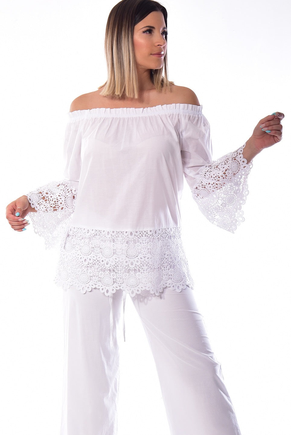 White Off-Shoulder Crochet Lace Blouse – Elegant Resort Style Top - LRPB947 - Casual Tropical Wear
