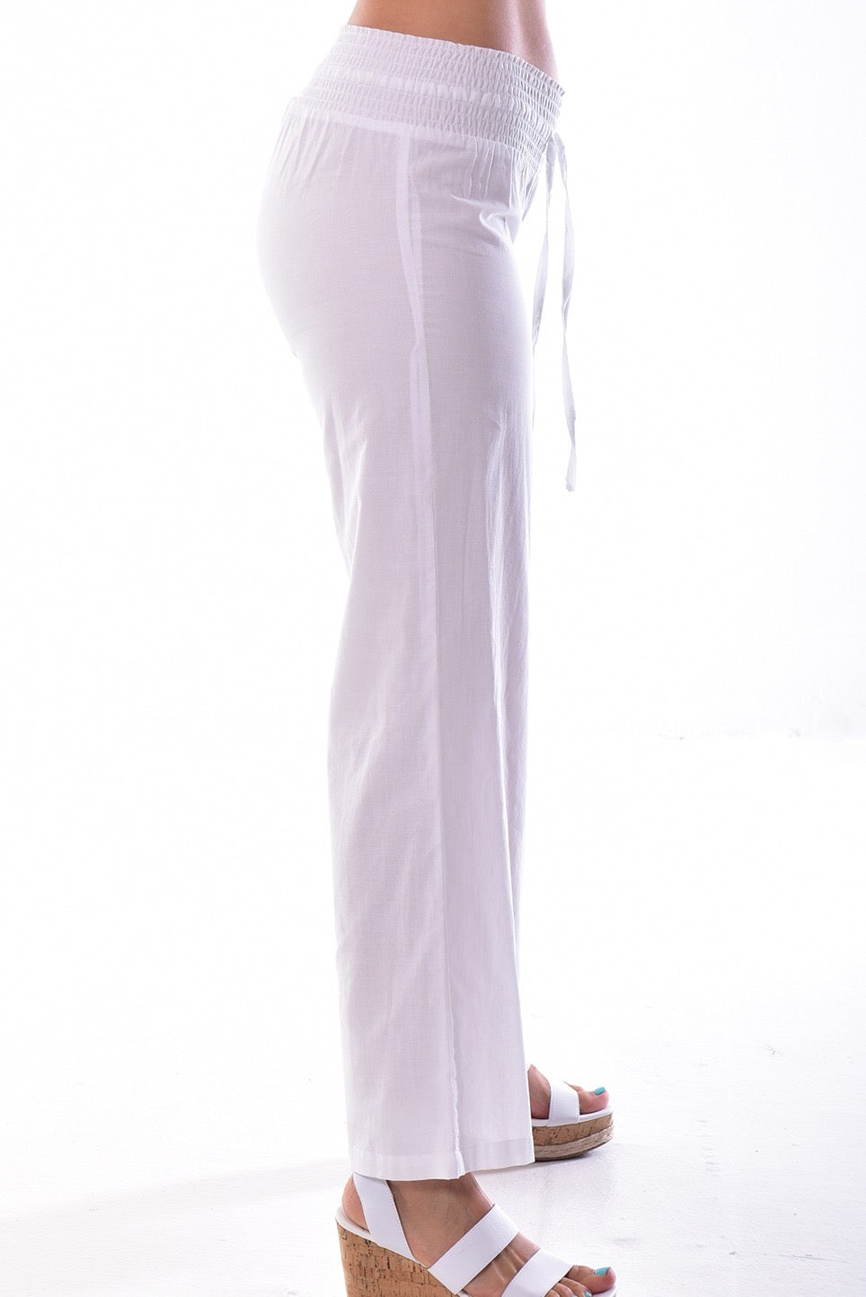 White Smocked Waist Wide-Leg Pants – Lightweight Summer Essential - LRPP1565 - Casual Tropical Wear