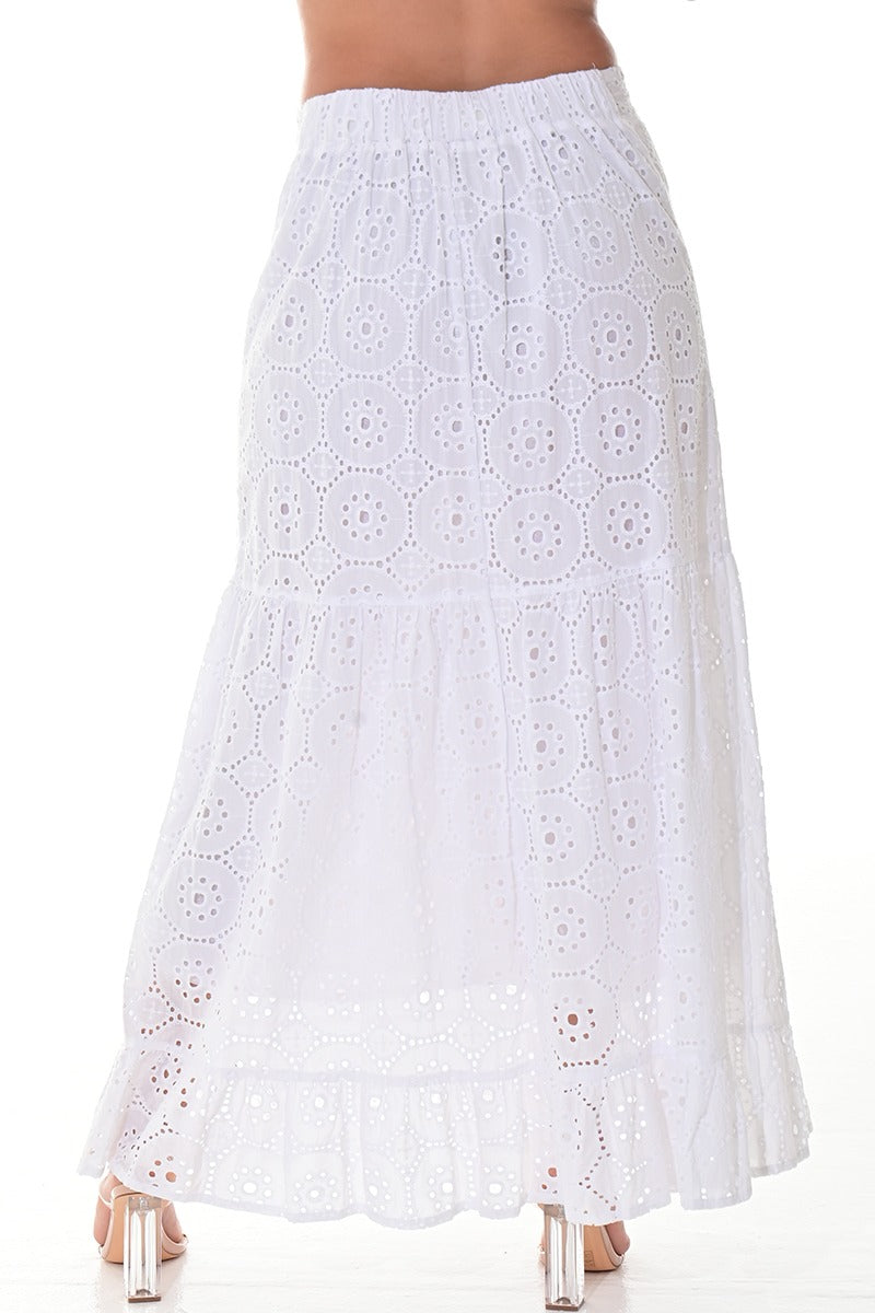 Ladies’ White Cotton Eyelet Tiered Maxi Skirt - LCK3119 - Casual Tropical Wear