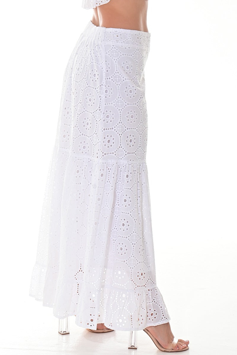 Ladies’ White Cotton Eyelet Tiered Maxi Skirt - LCK3119 - Casual Tropical Wear