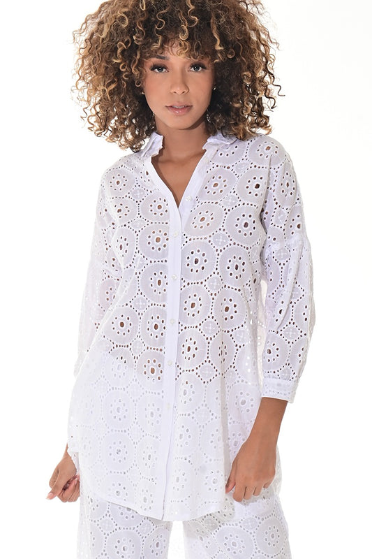 Ladies’ White Cotton Eyelet Button-Down Tunic Top - LCB3116 - Casual Tropical Wear