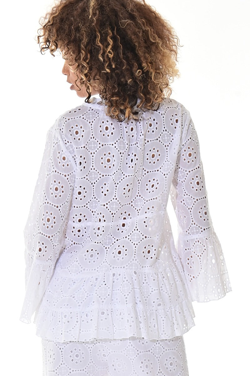 Ladies’ White Cotton Eyelet Peplum Blouse with Bell Sleeves - LCB3114 - Casual Tropical Wear