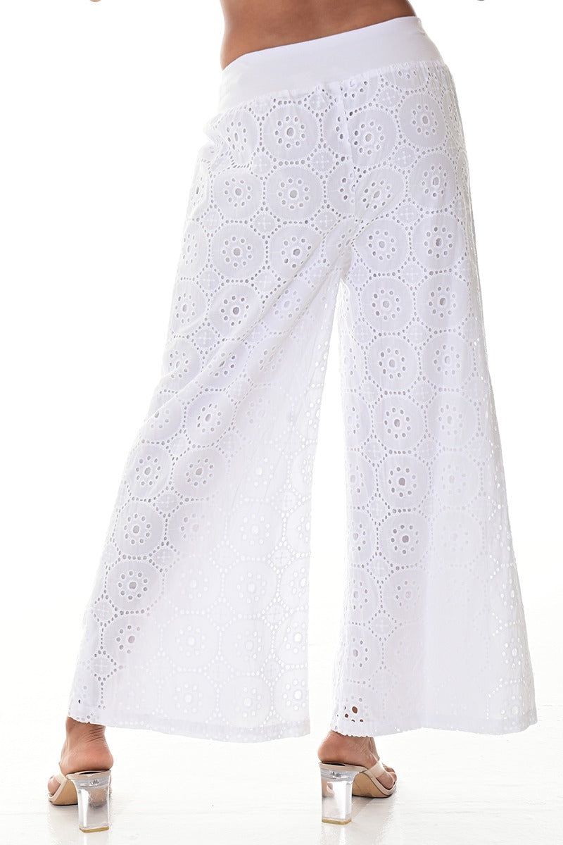 Ladies’ White Cotton Eyelet Wide-Leg Pants - LCP3120 - Casual Tropical Wear
