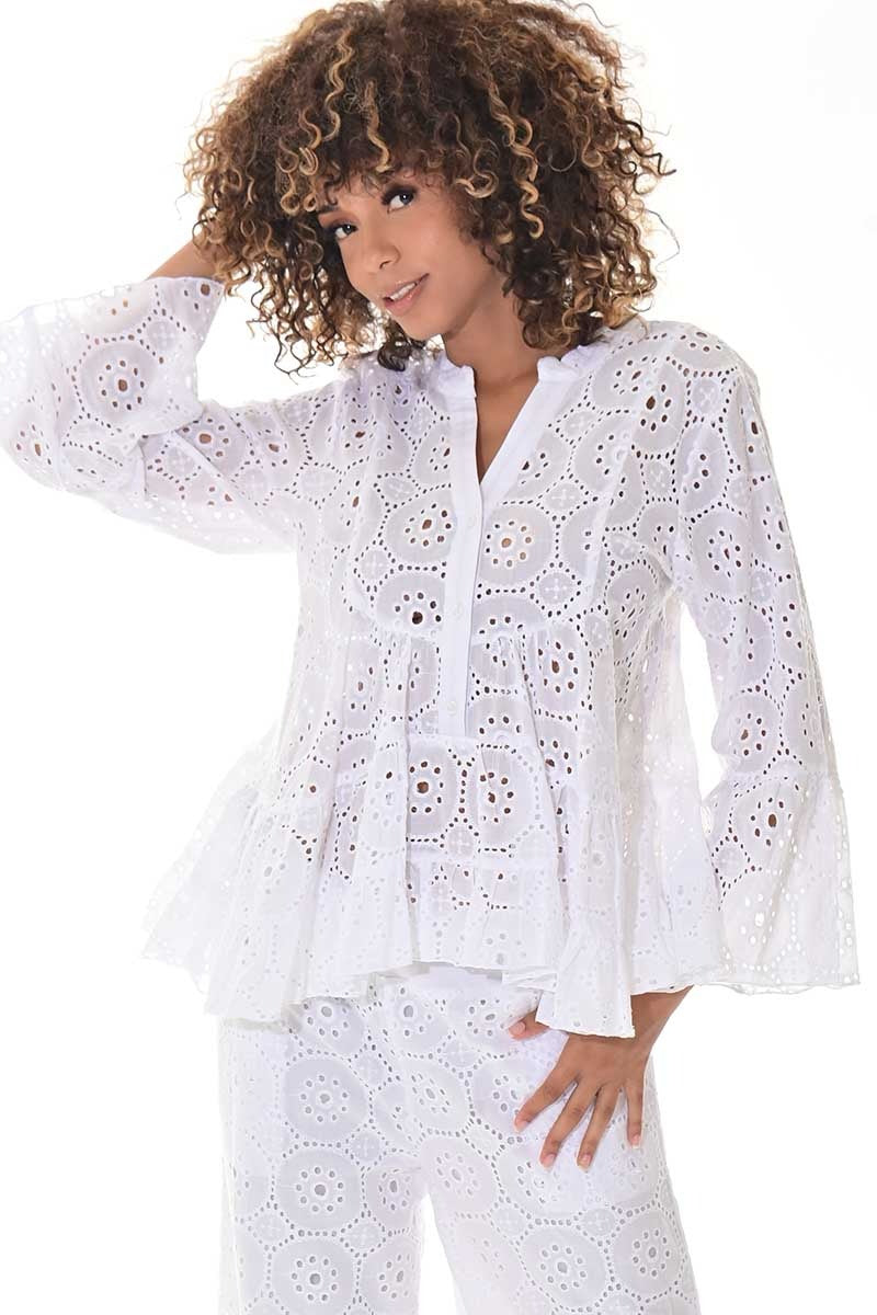 Ladies’ White Cotton Eyelet Peplum Blouse with Bell Sleeves - LCB3114 - Casual Tropical Wear