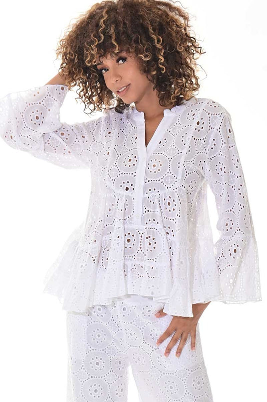 Ladies’ White Cotton Eyelet Peplum Blouse with Bell Sleeves - LCB3114 - Casual Tropical Wear