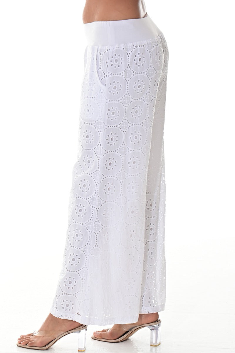 Ladies’ White Cotton Eyelet Wide-Leg Pants - LCP3120 - Casual Tropical Wear