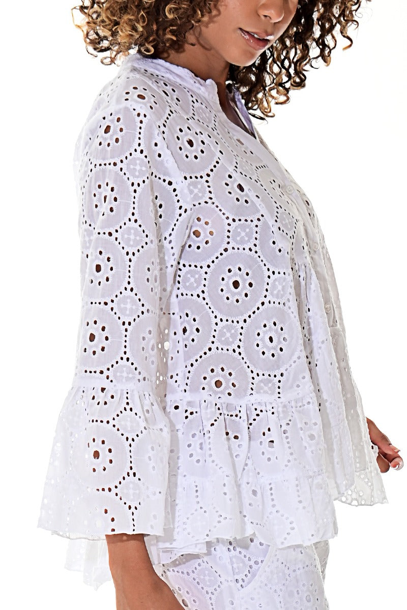 Ladies’ White Cotton Eyelet Peplum Blouse with Bell Sleeves - LCB3114 - Casual Tropical Wear