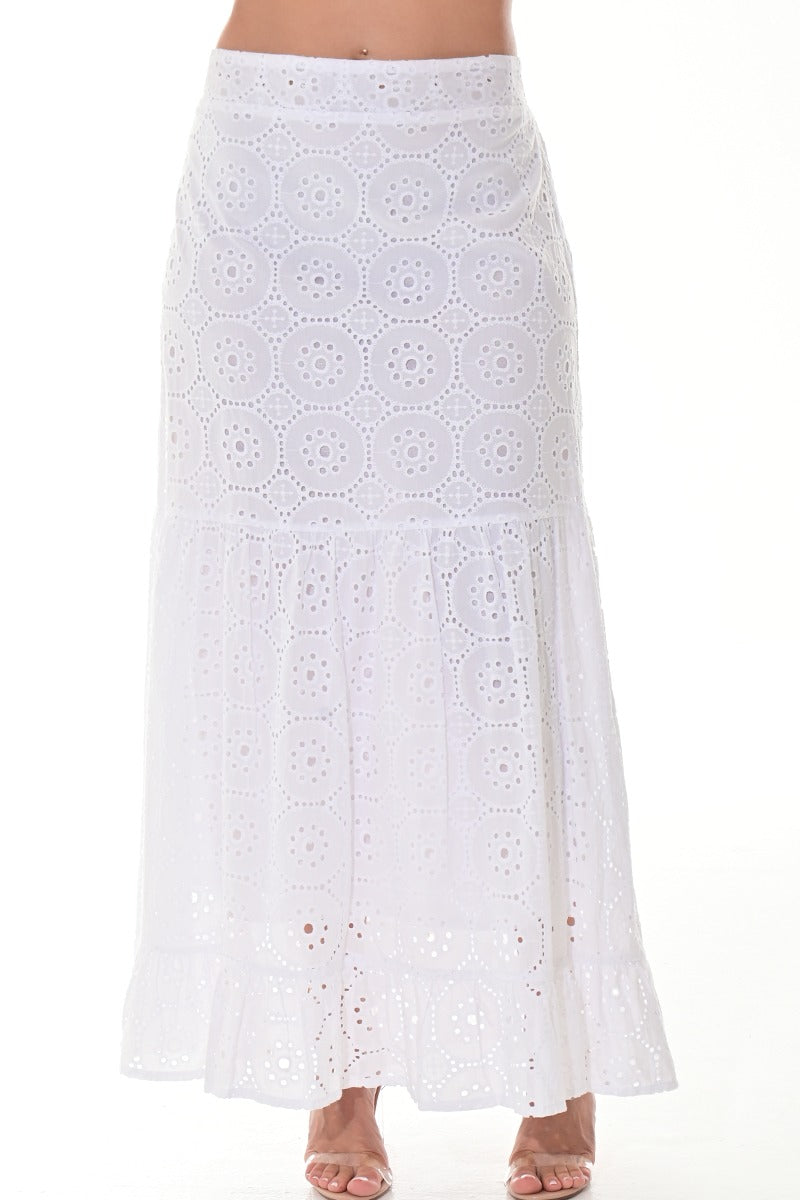 Ladies’ White Cotton Eyelet Tiered Maxi Skirt - LCK3119 - Casual Tropical Wear