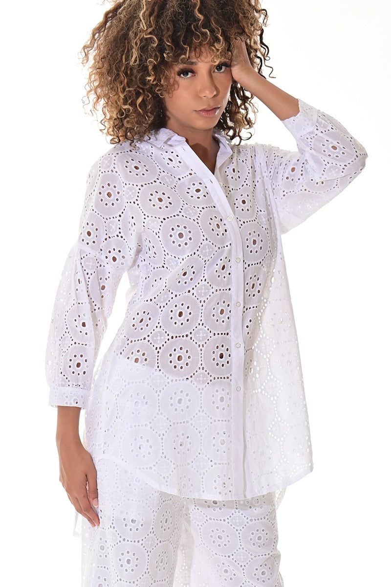Ladies’ White Cotton Eyelet Button-Down Tunic Top - LCB3116 - Casual Tropical Wear