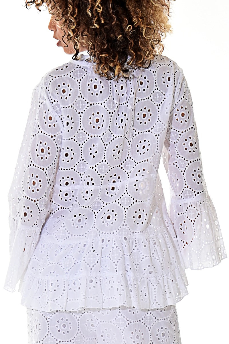 Ladies’ White Cotton Eyelet Peplum Blouse with Bell Sleeves - LCB3114 - Casual Tropical Wear