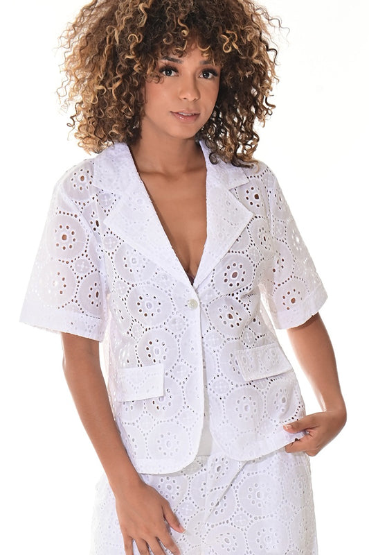 Ladies’ White Cotton Eyelet Short Sleeve Blazer Top - LCB3117 - Casual Tropical Wear