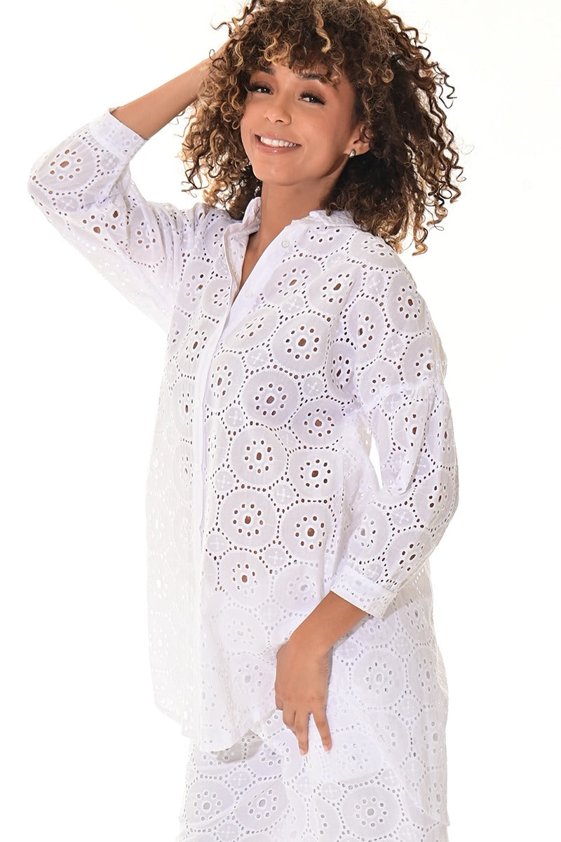 Ladies’ White Cotton Eyelet Button-Down Tunic Top - LCB3116 - Casual Tropical Wear