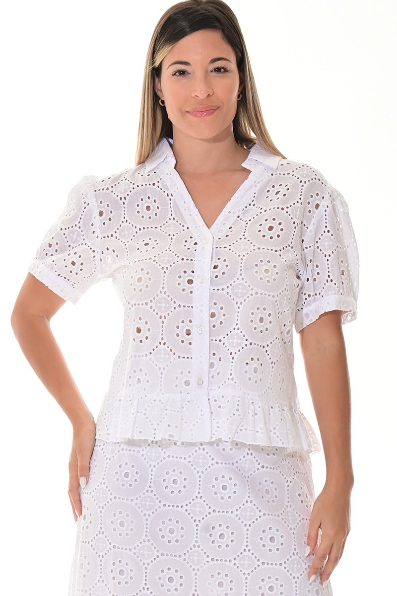 Ladies’ White Eyelet Ruffle Hem Button-Down Blouse - LCB3115 - Casual Tropical Wear